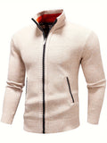 kkboxly  Warm Stand Collar Fleece Jacket, Men's Semi-formal Comfortable Solid Color Zip Up Knitted Cardigan For Spring Fall