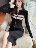 kkboxly  Zip Up Striped Dress, Casual Long Sleeve Bodycon Midi Dress, Women's Clothing