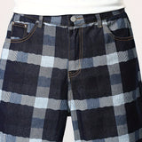 kkboxly  Vintage Style Plaid Denim Shorts, Men's Casual Street Style Denim Shorts For Summer
