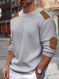 kkboxly  Casual Color Block Men's Long Sleeve Knitted Round Neck T-shirt With Elbow Design, Spring Fall Outdoor