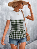 kkboxly  Plaid Two Tone Crew Neck T-shirt,  Gingham Print Contrast Panel Top T-shirt, Women's Clothing