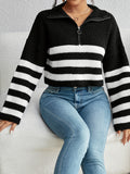 kkboxly  Striped Zip Turndown Collar Crop Sweater, Casual Long Sleeve Drop Shoulder Sweater, Women's Clothing