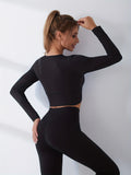 kkboxly  Solid Color Asymmetrical Hem Long Sleeve Sports Crop Top, Round Neck Pullover Yoga Crop Top, Women's Tops