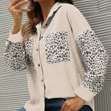 kkboxly  Corduroy Leopard Print Stitching Coat, Casual Lapel Long Sleeve Button Down Fashion Loose Outerwear, Women's Clothing