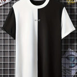 kkboxly  Men's Colorblock Print Trendy T-shirt, Crew Neck Short Sleeve Tops, Graphic Tee Men's Clothes Summer, Men's Outfits