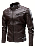 kkboxly  Vintage PU Leather Jacket, Men's Casual Zip Up Stand Collar Faux Leather Jacket For Spring Fall Outdoor