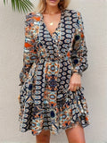 Ethnic Print Ruffle Hem Dress, Elegant V Neck Long Sleeve Dress, Women's Clothing