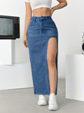 kkboxly  Split Thigh Whiskering Denim Midi Skirt, Slant Pockets Non-Stretch Casual Denim Skirt, Women's Denim Clothing