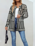kkboxly  Houndstooth Print Open Front Jacket, Casual Long Sleeve Versatile Outerwear, Women's Clothing