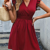 kkboxly  Shirred Waist Ruffle Hem Dress, Elegant V Neck Dress For Spring & Summer, Women's Clothing