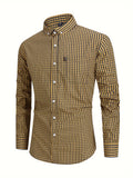 kkboxly  Men's Stylish Checkered Pattern Shirt, Casual Breathable Lapel Button Up Long Sleeve Shirt Top For City Walk Street Hanging Outdoor Activities