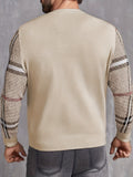 kkboxly  Crew Neck Knitted Sweater, Men's Casual Warm Color Block Plaid Sleeves Slightly Stretch Pullover Sweater For Fall Winter