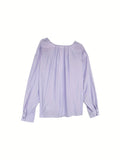 Solid Drawstring V-neck Button Blouse, Sweet Long Sleeve Blouse For Spring & Fall, Women's Clothing