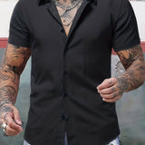 kkboxly  Men's Casual Classic Lapel Button Up Shirts, Solid Color Comfy All-match Top Summer Clothes