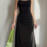 kkboxly  Solid Ruched Spaghetti Strap Dress, Elegant Backless Dress, Women's Clothing