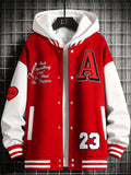 kkboxly  Men's Stand Collar Casual Loose Sports Jacket Color Block "A" Letter Embroidery Button Pocket Coat Top Clothes