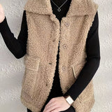 Solid Flap Pockets Plush Vest, Casual Thermal Sleeveless Jacket For Fall & Winter, Women's Clothing