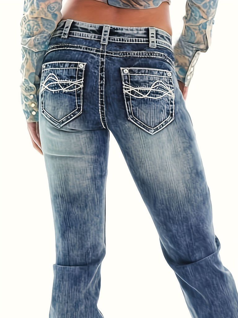 kkboxly  Ivory Top-stitching Mid Rise Boot Cut Jeans, Vintage Wash Zipper Button Closure Riding Denim Pants, Women's Denim Jeans & Clothing