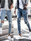 kkboxly  Slim Fit Ripped Jeans, Men's Casual Street Style Distressed Mid Stretch Denim Pants For Spring Summer