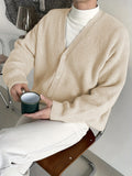 kkboxly  All Match Knitted Solid Color V Neck Cardigan, Men's Casual Warm Slightly Stretch Button Up Coat For Fall Winter