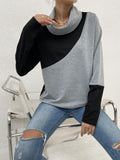 kkboxly  Color Block Turtle Neck Sweatshirts, Casual Loose Stitching Sweater, Women's Clothing