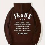 kkboxly  Men's Jesus Is My Everything Print Hoodie With Assorted Colors, Casual Slightly Stretch Drawstring Long Sleeves Hooded Sweatshirt, Men's Clothing