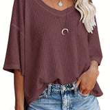 kkboxly  Solid Elegant V Neck T-Shirt, Drop Shoulder Casual Top For Summer & Spring, Women's Clothing