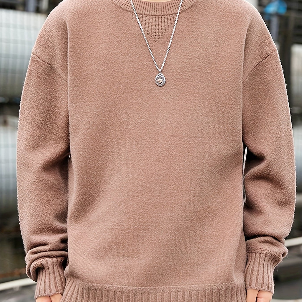 kkboxly  All Match Knitted Sweater, Men's Casual Warm Slightly Stretch Crew Neck Pullover Sweater For Fall Winter