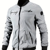 kkboxly  Men's Letter Embroidered Casual Bomber Jacket, Plus Size Male Clothing