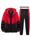 kkboxly  2pcs Men's Casual Zip-up Hooded Jacket And Color Block Jogger Pants With Zip Pockets
