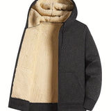 kkboxly  Solid Sherpa Lined Men's Hooded Jacket Casual Long Sleeve Hoodies With Zipper Gym Sports Hooded Coat For Winter Fall