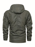 kkboxly  Casual Multi-pocket Light Weight Drawstring Waist Zip Up Hooded Jacket Coat, Men's Cotton Jacket For Fall Outdoor