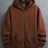 kkboxly  Regular Solid Color Men's Hooded Sweatshirt Casual Long Sleeve Hoodies With Full Zip Up, Men's Casual Zipper Hooded Jacket