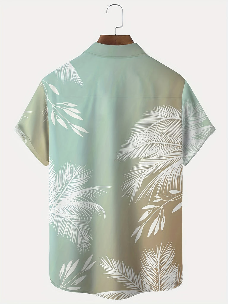 kkboxly  Resort Casual Men's Hawaiian Button Up Shirt with Gradient Palm Leaf Print - Comfy Tee Top for Summer Fashion