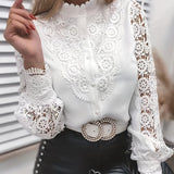 kkboxly  Women's Blouses Women Sexy Lace Patchwork Hollow Out Shirt Blouse Long Sleeve O-Neck Elegant Blouses