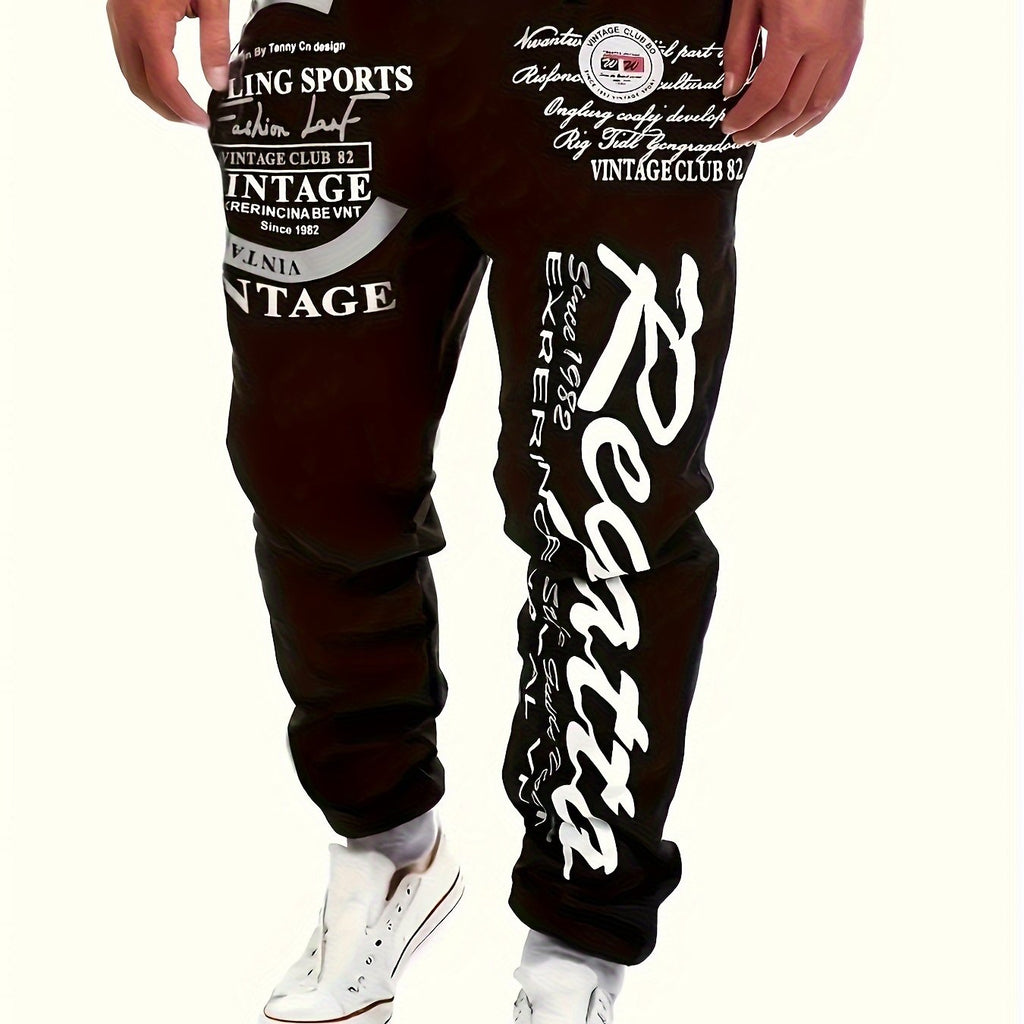 kkboxly  Stylish Letter Loose Fit Joggers, Men's Casual Slightly Stretch Drawstring Pants For Spring Summer