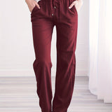 kkboxly  Plus Size Casual Pants, Women's Plus Solid Elastic Drawstring Slight Stretch Straight Leg Pants
