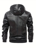 kkboxly  Men's Pu Leather Trendy Hooded Jacket, Windproof Warm Thermal Jacket For Autumn Winter