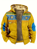 Ethnic Style Warm Fleece Hooded Jacket, Men's Casual Warm Thick Zip Up Hoodie For Fall Winter