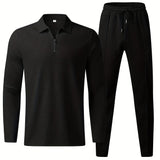 kkboxly  Waffle Pattern Men's 2Pcs Outfits, Casual V Neck Shirt Long Sleeve Pullover Sweatshirt And Drawstring Sweatpants Joggers Set For Spring Fall, Men's Clothing