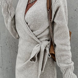 kkboxly  Solid Knotted Wrap Dress, Casual V Neck Long Sleeve Dress, Women's Clothing