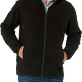 kkboxly  Warm Plush Fleece Jacket, Men's Casual Zip Up Solid Color Stand Collar Jacket Coat For Fall Winter