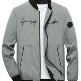 kkboxly  Stylish Letter Print Trendy Casual Lightweight Bomber Jacket, Men's Sports Jacket For Spring Fall Outdoor