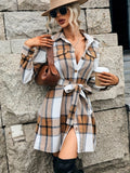 kkboxly  Plus Size Casual Coat, Women's Plus Plaid Print Button Up Long Sleeve Turn Down Collar Shacket With Belt