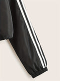 kkboxly  Striped Drawstring Zipper Hooded Jacket, Casual Long Sleeve Crop Outwear, Women's Clothing