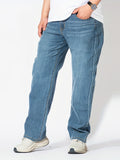Plus Size Men's Mid Rise Light Indigo Straight Leg Stretch Comfortable Fit Jeans, Casual Trendy Oversized Long Pants