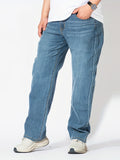 kkboxly  Plus Size Men's Mid Rise Light Indigo Straight Leg Stretch Comfortable Fit Jeans, Casual Trendy Oversized Long Pants