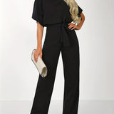 2025 kkboxly  Tie Waist Wide Leg Jumpsuit, Casual Short Sleeve Crew Neck Jumpsuit, Women's Clothing