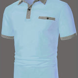 kkboxly  Casual Houndstooth Edge Slightly Stretch Button Up Short Sleeve Polo Shirt, Men's POLO For Summer