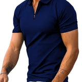 kkboxly  Solid Color Men's Casual Short Sleeves Zipper Graphic Polo Shirts, Lapel Collar Tops Pullovers, Men's Clothing For Summer